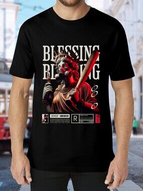 Blessing Graphic Black Tee with Statue Artwork